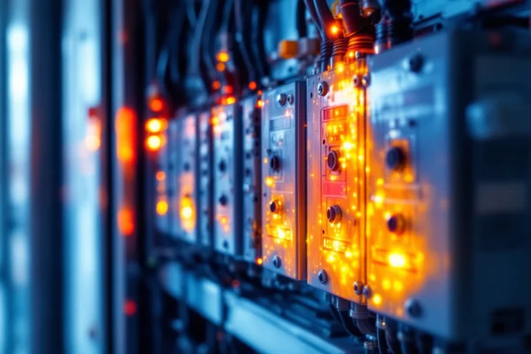 Thermal imaging scan of an electrical switchboard showing hotspots in red and orange colors